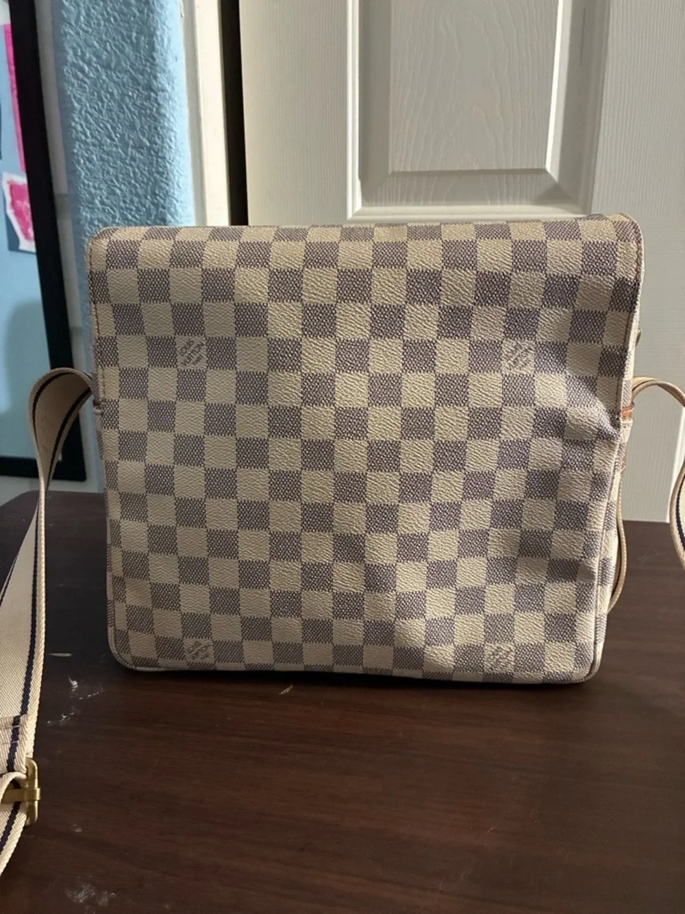 Checked Canvas Crossbody Messenger Bag in Beige and Brown